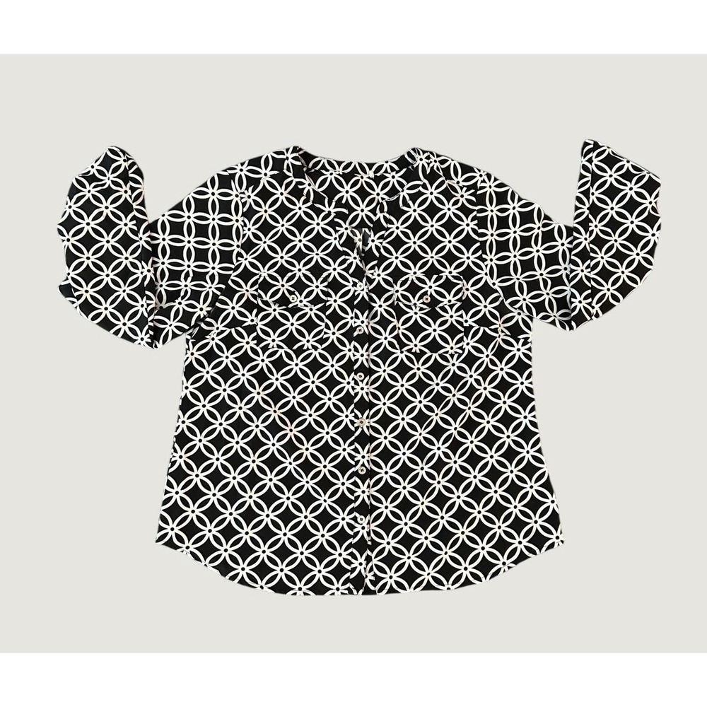 Geometric Floral Circle Print Button Up Blouse Black White L 1400